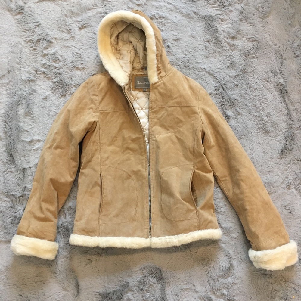 Kids Genuine LEATHER Tan Suede Jacket with Cream Lining Kids Size Large